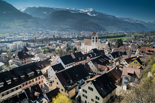 the center of the old town below the castle of Sargans in the Rhine Valley of Switzerland