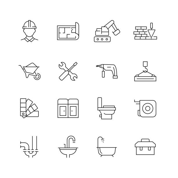 ilustraciones, imágenes clip art, dibujos animados e iconos de stock de construcción relacionada-conjunto de iconos vectoriales de línea delgada - architect computer icon architecture icon set