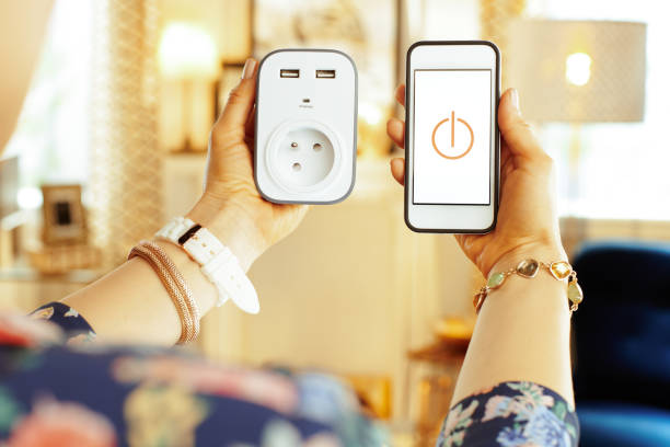 istock Closeup on smartphone with smart home app and plug in hand 1138130341