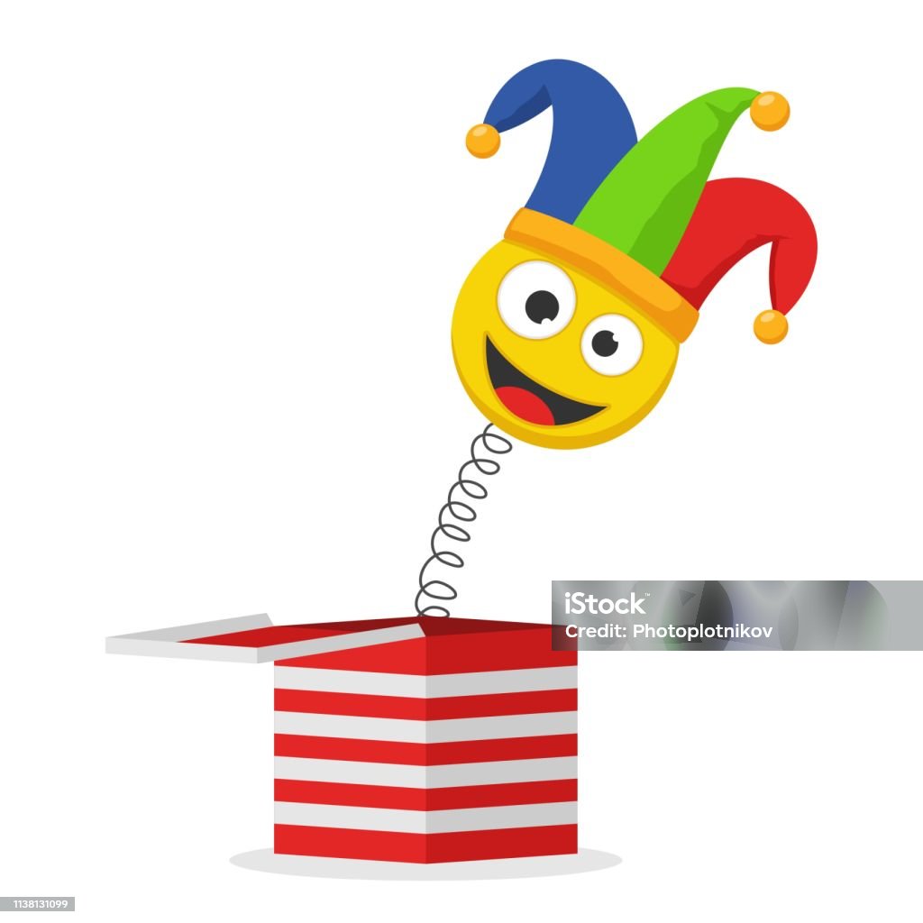 Jack in the box toy isolated on white background. Jester hat and laughing emoticon. Surprise joke for April Fools day. Jack in the box toy isolated on white background. Jester hat and laughing emoticon. Surprise joke for April Fools day. Vector illustration Jack-in-the-Box stock vector
