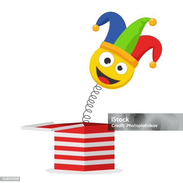 Jack In The Box Toy Isolated On White Background Jester Hat And Laughing Emoticon Surprise Joke For April Fools Day Stock Illustration - Download Image Now