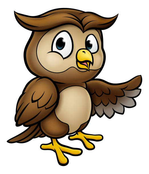 Cartoon Owl Character A cartoon owl character pointing with his wing s 3d drawing stock illustrations