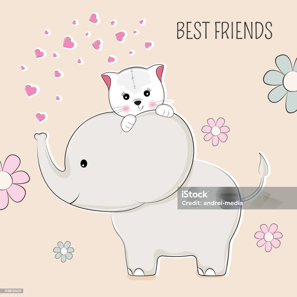 Greeting Card Elephant And Cat The Best Friends Stock Illustration -  Download Image Now - Animal, Cartoon, Characters - iStock