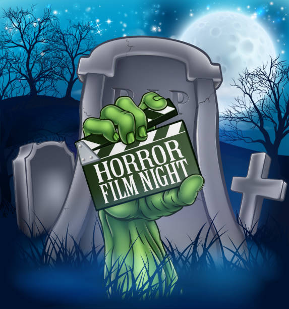 Horror Movie Film Zombie or Monster Sign A scene with a zombie or Halloween monster hand breaking out of a grave and holding a film clapper board reading horror movie night. Advertising a scary cinema event or festival screening drawings of zombies stock illustrations