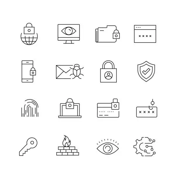 Vector illustration of Cyber Security - Set of Thin Line Vector Icons