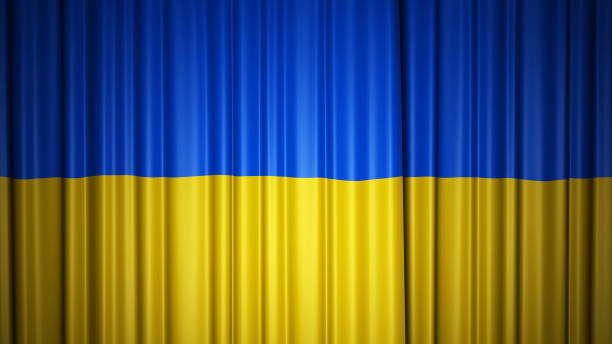 istock Ukraine flag silk curtain on stage. 3D illustration 1138133193