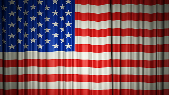 USA flag silk curtain on stage. Bright 3D illustration 3d rendering