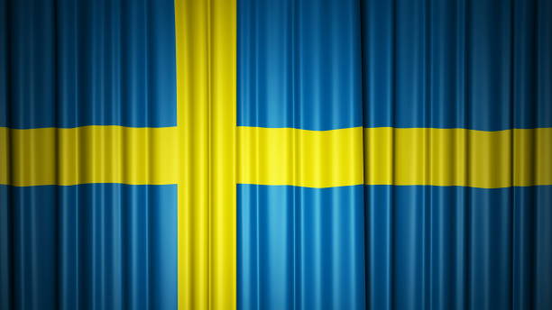 Sweden flag silk curtain on stage. 3D illustration