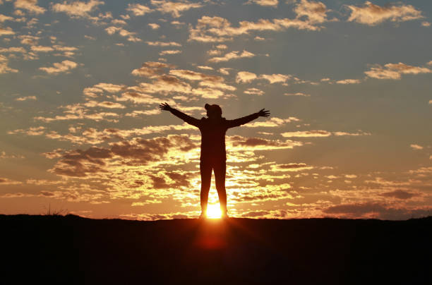 istock Silhouette happy freedom girl on sunset sky background 1138137596
