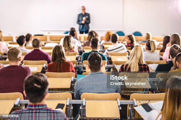 Achteraanzicht Van De Grote Groep Studenten Op Een Klas In De Collegezaal Stockfoto en meer beelden van Universiteit