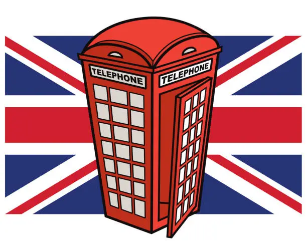 Vector illustration of United Kingdom Flag with Red Telephone Booth