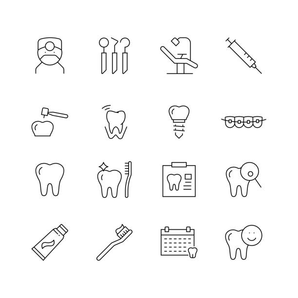 ilustraciones, imágenes clip art, dibujos animados e iconos de stock de relacionados con el dental-conjunto de iconos vectoriales de línea delgada - dentist