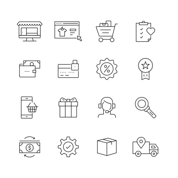 전자 상거래 관련-얇은 라인 벡터 아이콘 세트 - laptop retail e commerce store stock illustrations