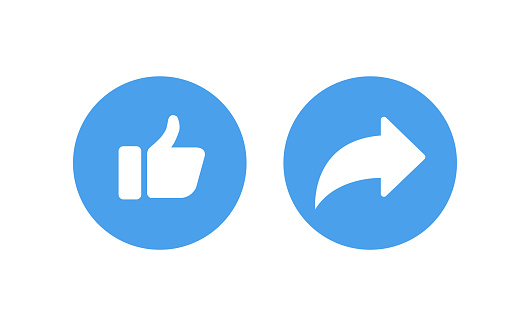 White like and heart icons in blue circle for social network interface in flat design. Eps10