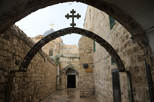 Jerusalem, Israel - December 24, 2022: Christmas eve view of the Church of the Holy Sepulchre, in the old city of Jerusalem, Israel