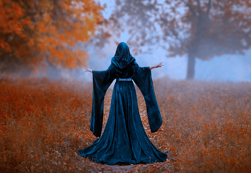 young priestess holds a secret rite of sacrifice, is alone in the autumn forest on a large glade. the escaped queen wore a blue velvet cloak-dress with wide sleeves. magnificent amazing art photo