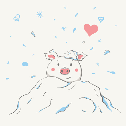 Lovely cute cheerful piggy is sitting in a snowdrift covered in snow. Valentine card with symbol of the year - a pig. Card with cartoon animal. Easy vector illustration