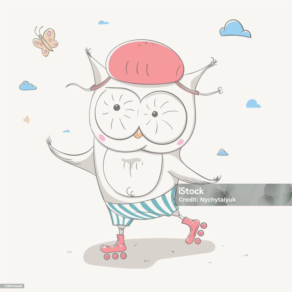 Lovely cute small owl in helmet chasing butterfly on rollers. Beautiful cartoon animal. Lovely cute small owl in helmet chasing butterfly on rollers. Beautiful cartoon animal. Easy vector illustration Animal stock vector