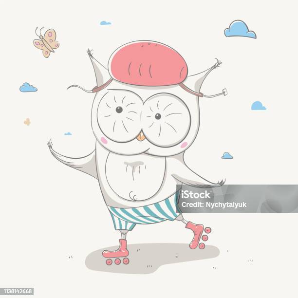 Lovely Cute Small Owl In Helmet Chasing Butterfly On Rollers Beautiful Cartoon Animal Stock Illustration - Download Image Now