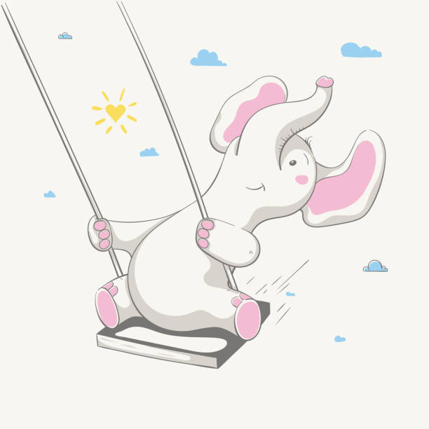 Lovely cute cheerful elephant swings on a swing. Card with cartoon animal. Lovely cute cheerful elephant swings on a swing. Card with cartoon animal. Easy vector illustration elephant ear plant stock illustrations