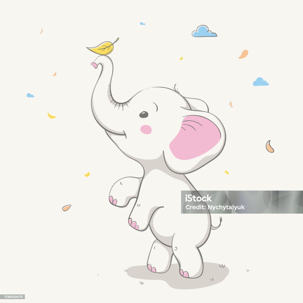 Lovely Cute Elephant Playing With Yellow Leaf Card With Cartoon Animal  Stock Illustration - Download Image Now - iStock