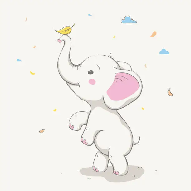 Vector illustration of Lovely cute elephant playing with yellow leaf. Card with cartoon animal.