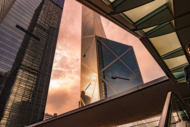 istock Blue glass windows of modern business office building, diagonal perspective 1138142764