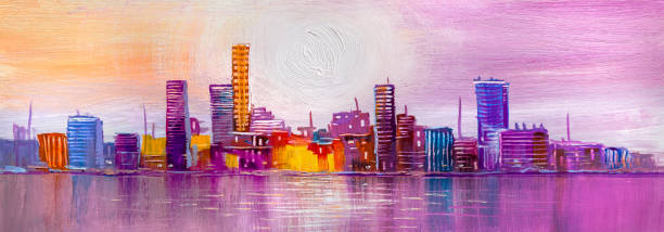 istock Abstract painting of urban skyscrapers. 1138144073
