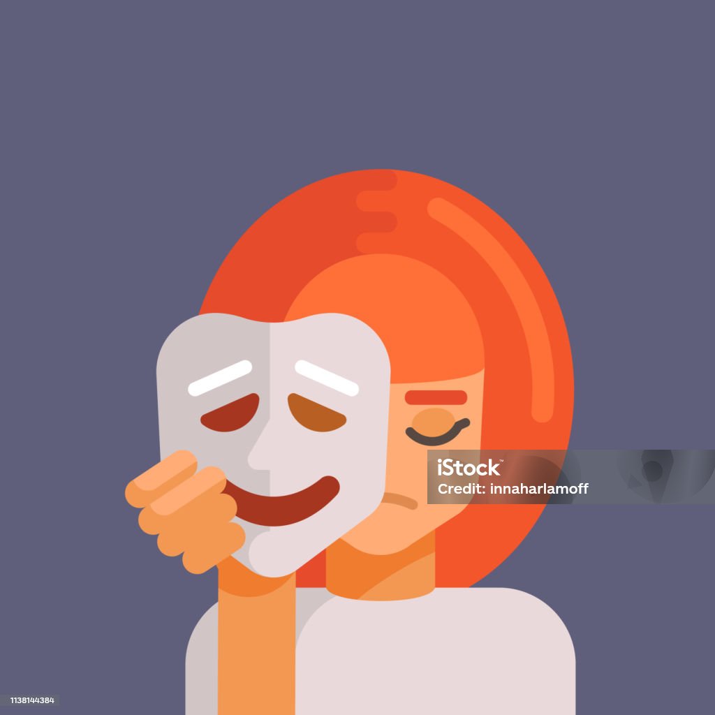 Concept of hypocrisy. Concept of hypocrisy. The girl is holding a mask and covers her real emotions behind this mask. She is a sad, but mask is a happy and laughing. Flat style vector illustration. Double game. Behind stock vector