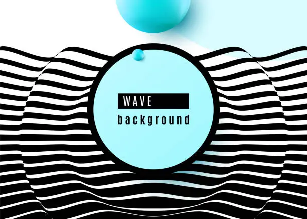 Vector illustration of Abstract background design with stripe wavy surface black and white lines, blue sphere shape, circle, frame. 3d optical motion simple fashion pop art. Vector illustration