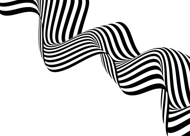 streifenwellen-hintergrunddesign mit schwarz-weiß-linien. 3d optisch op art. vektorabbildung - black line stock-grafiken, -clipart, -cartoons und -symbole