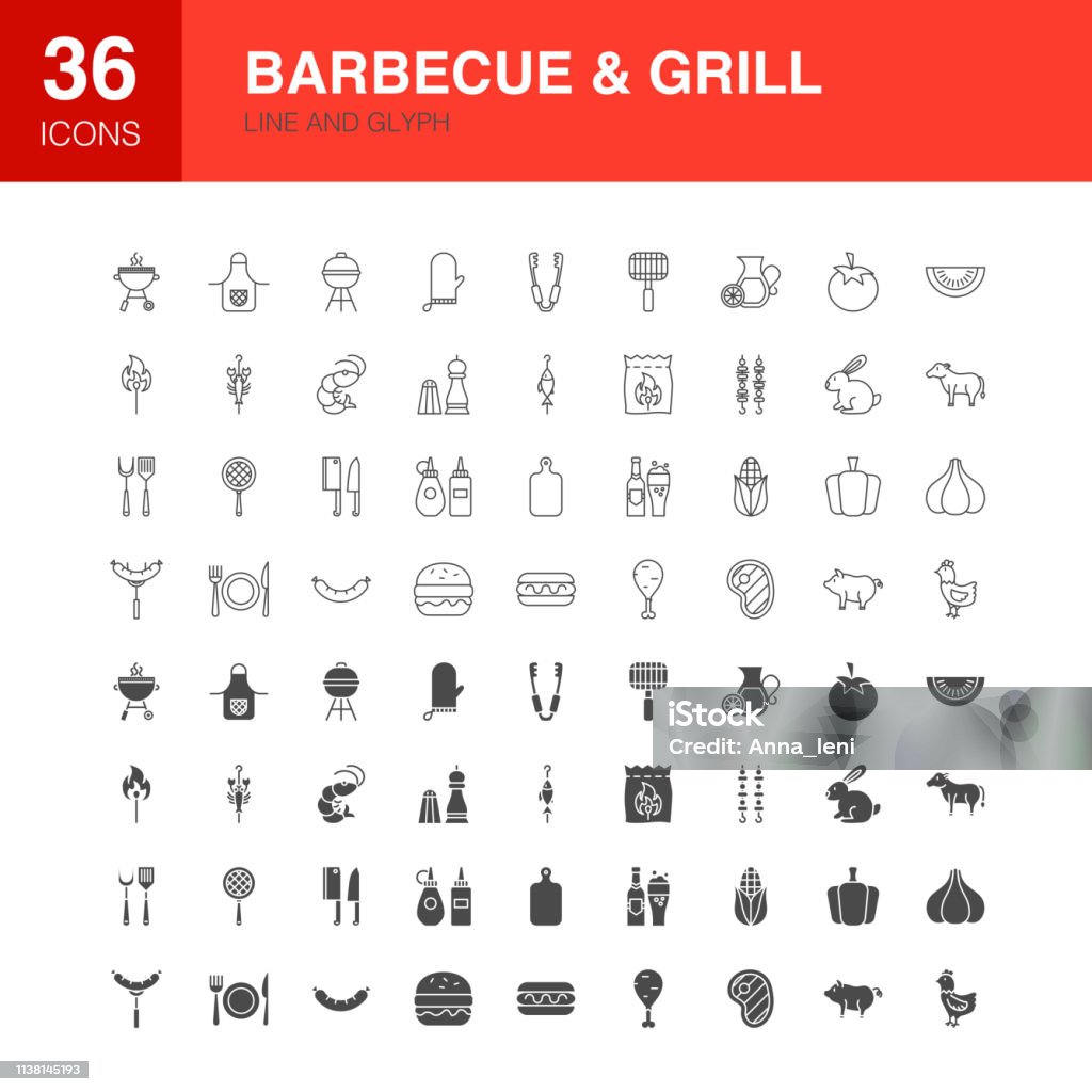 Barbecue Grill Line Web Glyph Icons Barbecue Grill Line Web Glyph Icons. Vector Illustration of Food Outline and Solid Symbols. Icon Symbol stock vector