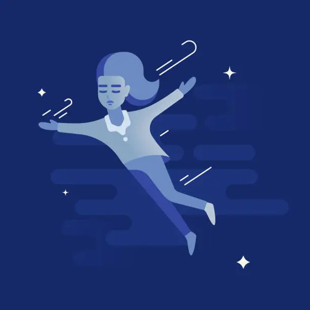 Vector illustration of The girl is flying in dreams through the cloudy night sky.