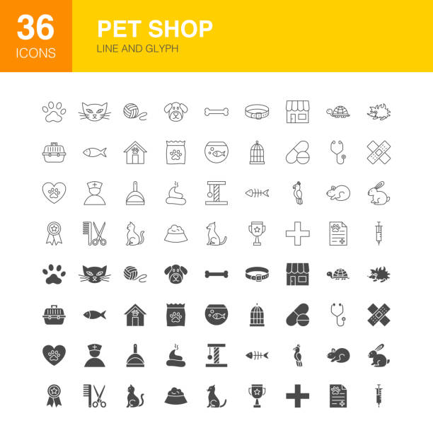 pet shop line web glyph - domestic cat animals feeding pet food food stock illustrations