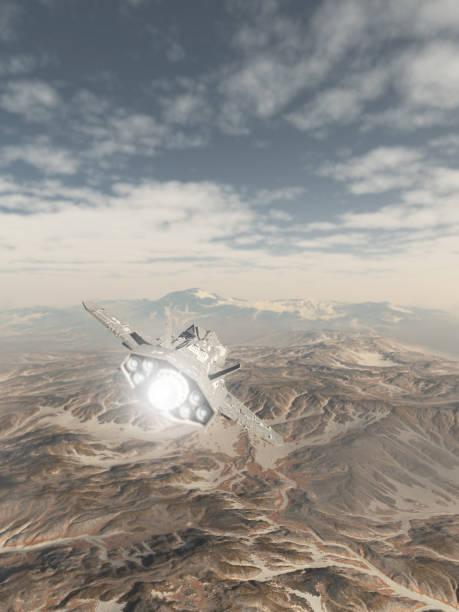 istock Spaceship Flying over a Snowy Mountain Landscape 1138147072