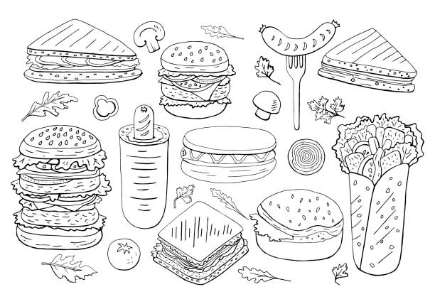 zestaw burgerów i kanapek differen czarno-białych - backgrounds beef close up cooked stock illustrations