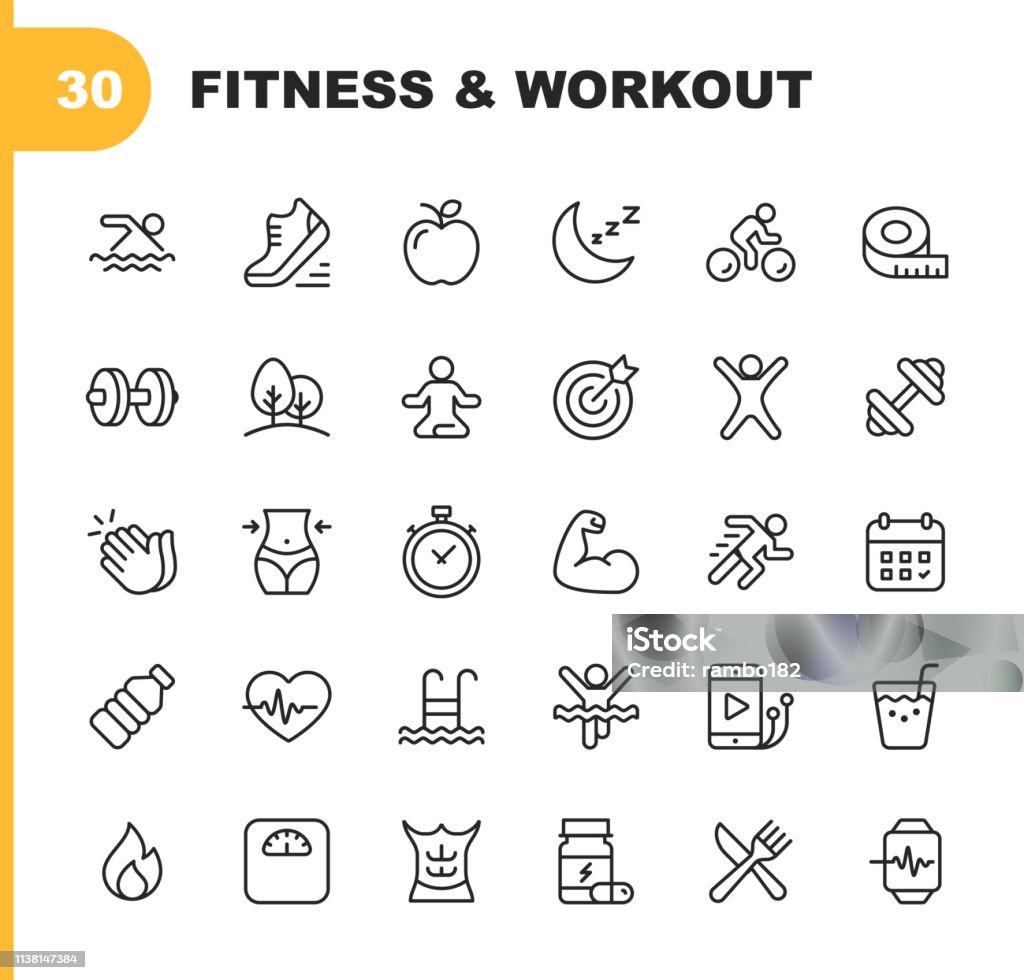 Fitness és Workout Line ikonok. Szerkeszthető körvonal. Pixel tökéletes. Mobilra és webre. Olyan ikonokat tartalmaz, mint a testépítés, szívverés, úszás, kerékpározás, futás, diéta. - Jogdíjmentes Ikon témájú vektoros stock alkotások Fitness és Workout Line ikonok. Szerkeszthető körvonal. Pixel tökéletes. Mobilra és webre. Olyan ikonokat tartalmaz, mint a testépítés, szívverés, úszás, kerékpározás, futás, diéta. - Jogdíjmentes Ikon témájú vektoros stock alkotások