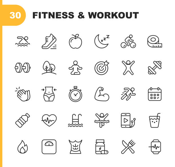 ikony linii fitness i treningu. edytowalny obrys. pixel perfect. dla urządzeń mobilnych i sieci web. zawiera takie ikony jak kulturystyka, bicie serca, pływanie, jazda na rowerze, bieganie, dieta. - gym stock illustrations