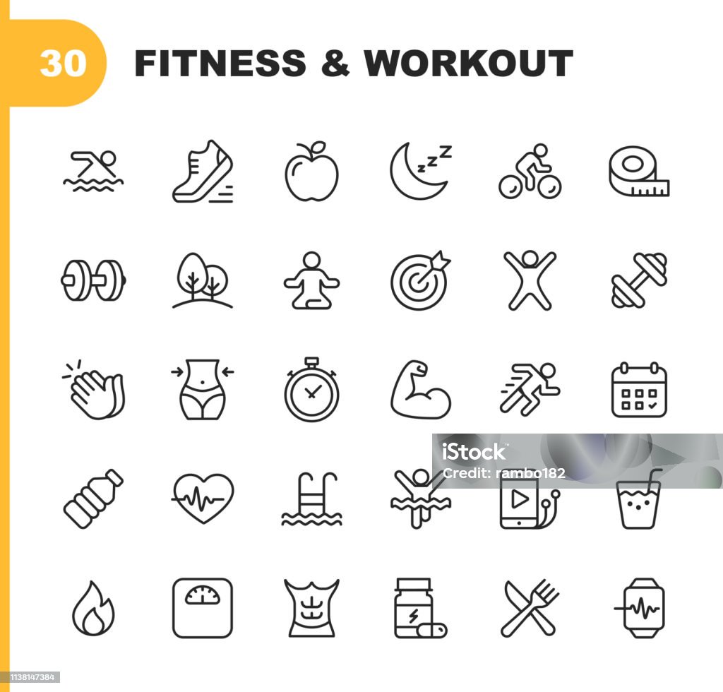 Fitness and Workout Line Icons. Editable Stroke. Pixel Perfect. For Mobile and Web. Contains such icons as Bodybuilding, Heartbeat, Swimming, Cycling, Running, Diet. 30 Fitness and Workout Line Icons. Icon stock vector
