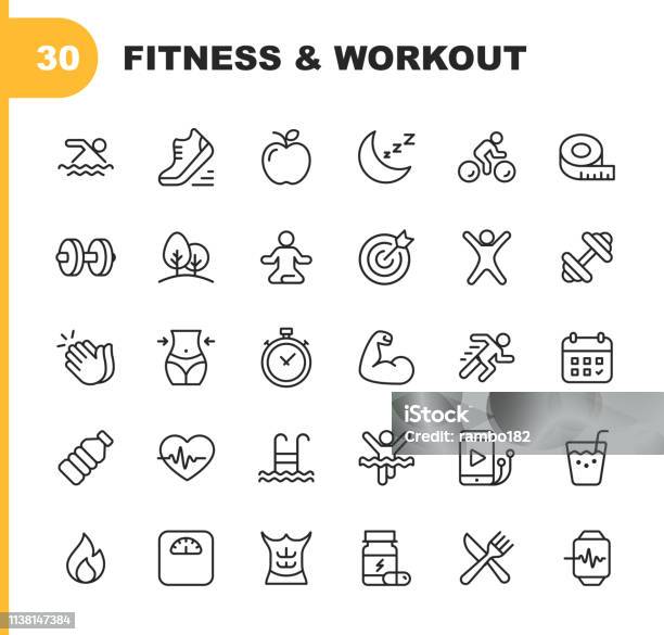 Fitness And Workout Line Icons Editable Stroke Pixel Perfect For Mobile And Web Contains Such Icons As Bodybuilding Heartbeat Swimming Cycling Running Diet Stock Illustration - Download Image Now