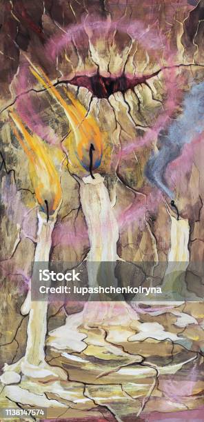 Fashionable Illustration Modern Artwork My Original Oil Painting On Canvas Allegory Symbolic Vertical Picture Fantasy About Life And Death Burning Candles And Extinct Candle Smoke On Cracked Earth Desert Stock Illustration - Download Image Now