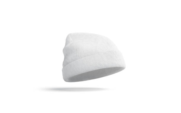 Blank white knitted beanie mock up, isolated, Blank white knitted beanie mock up, isolated, depth of field, 3d rendering. Empty casual headgear mockup. Clear fashion tuque for cold weather template. toque stock pictures, royalty-free photos & images
