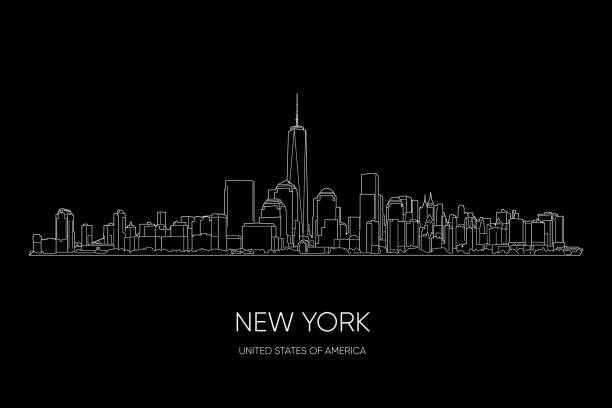 New York vector panorama, hand drawn line art illustration. New York vector panorama, hand drawn line art illustration. White outlines on black background. New York city, United States of America new york skyline drawing stock illustrations