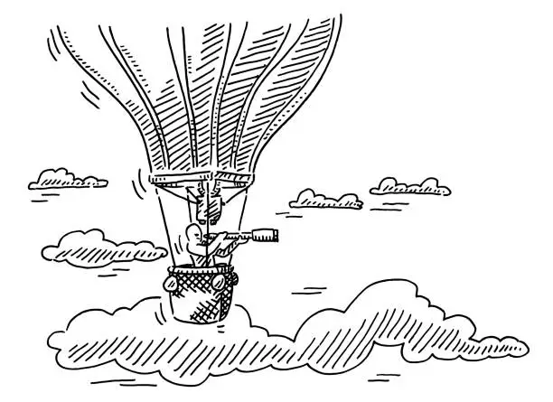 Vector illustration of Man In Hot Air Balloon With Telescope Drawing