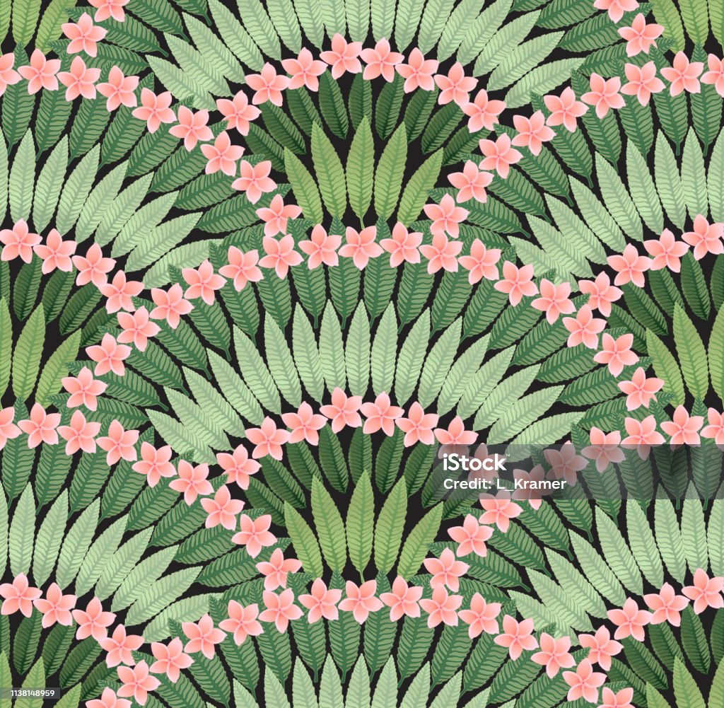 Vector Seamless pattern of hand drawn tropical pink Plumeria flowers and green blue leaves on a dark black background. Wallpaper, Wrapping paper, Hawaii print Colonial Style stock vector