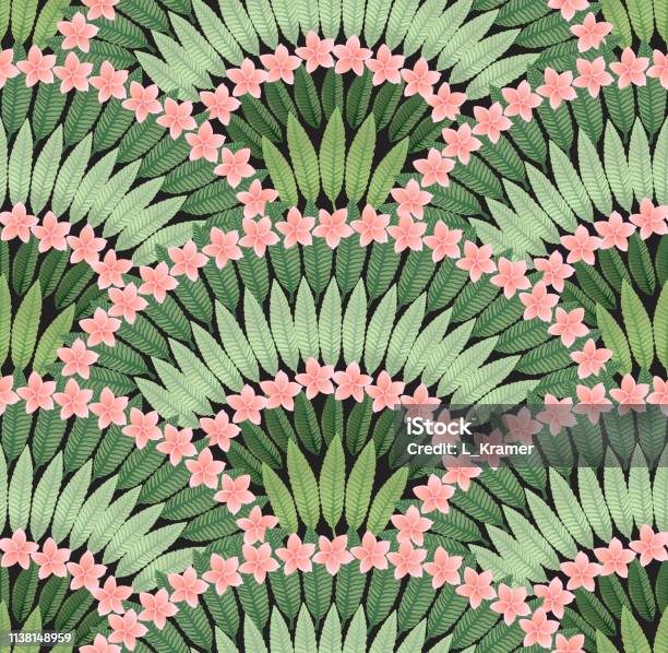 Vector Seamless Pattern Of Hand Drawn Tropical Pink Plumeria Flowers And Green Blue Leaves On A Dark Black Background Wallpaper Wrapping Paper Hawaii Print Stock Illustration - Download Image Now