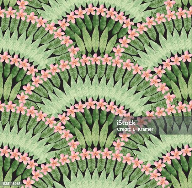Seamless Pattern Of Hand Painted Watercolor Tropical Pink Plumeria Flowers And Green Leaves On A Black Background Stock Illustration - Download Image Now