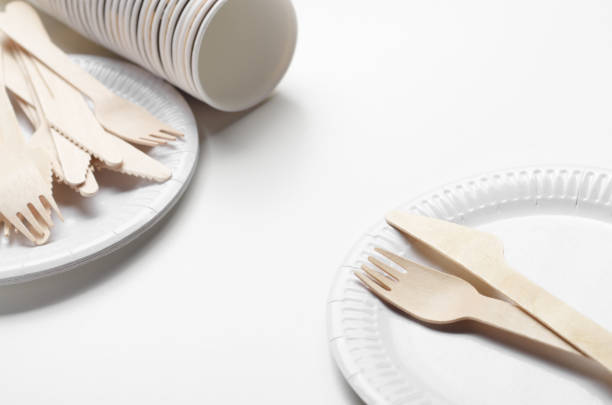 istock Wooden single use kitchenware and paper cups and plates on white background 1138149249