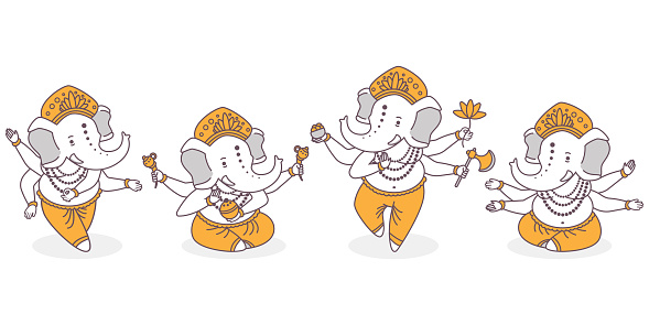 Lord Ganesha Vector Cartoon Cute Characters Set Hindu God With Elephant  Hand In Dance And Lotus Pose Isolated On White Background Stock  Illustration - Download Image Now - iStock