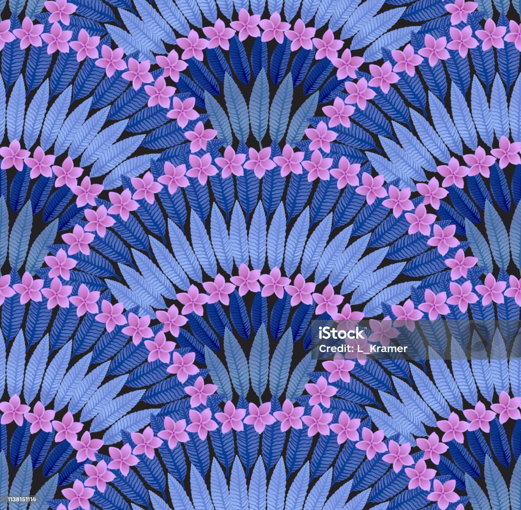 Vector Seamless pattern of hand drawn  tropical purple pink Plumeria flowers and dark blue green leaves on a black background Art Deco stock vector